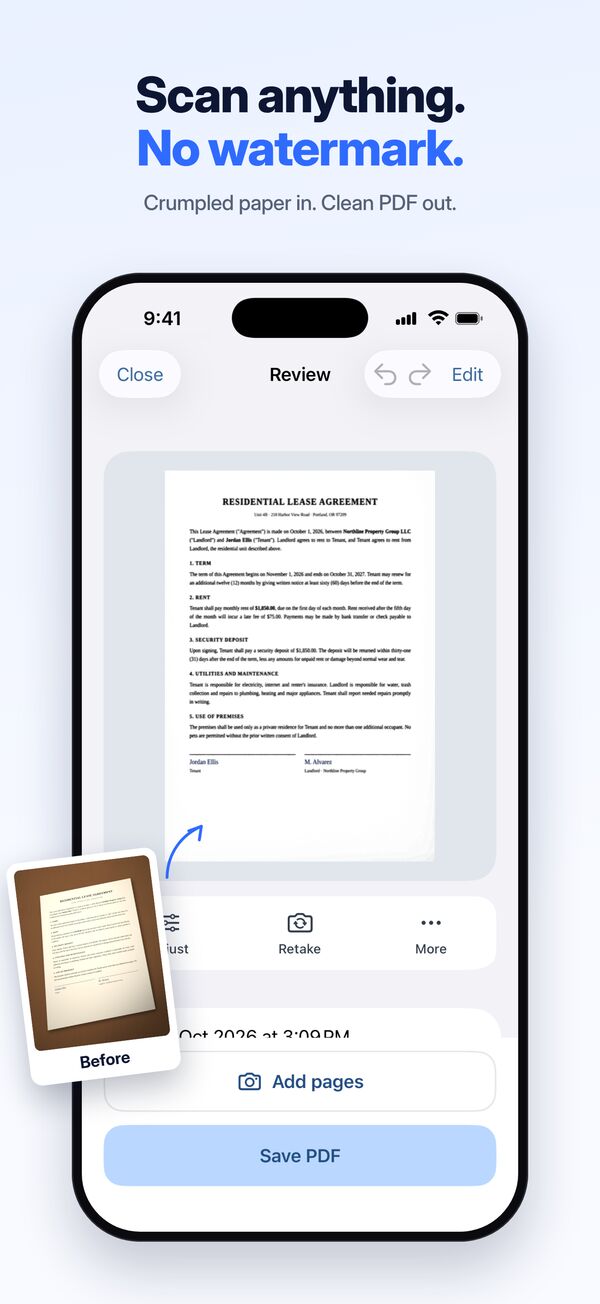 HushScan scanner turning crumpled paper into a clean PDF with no watermark
